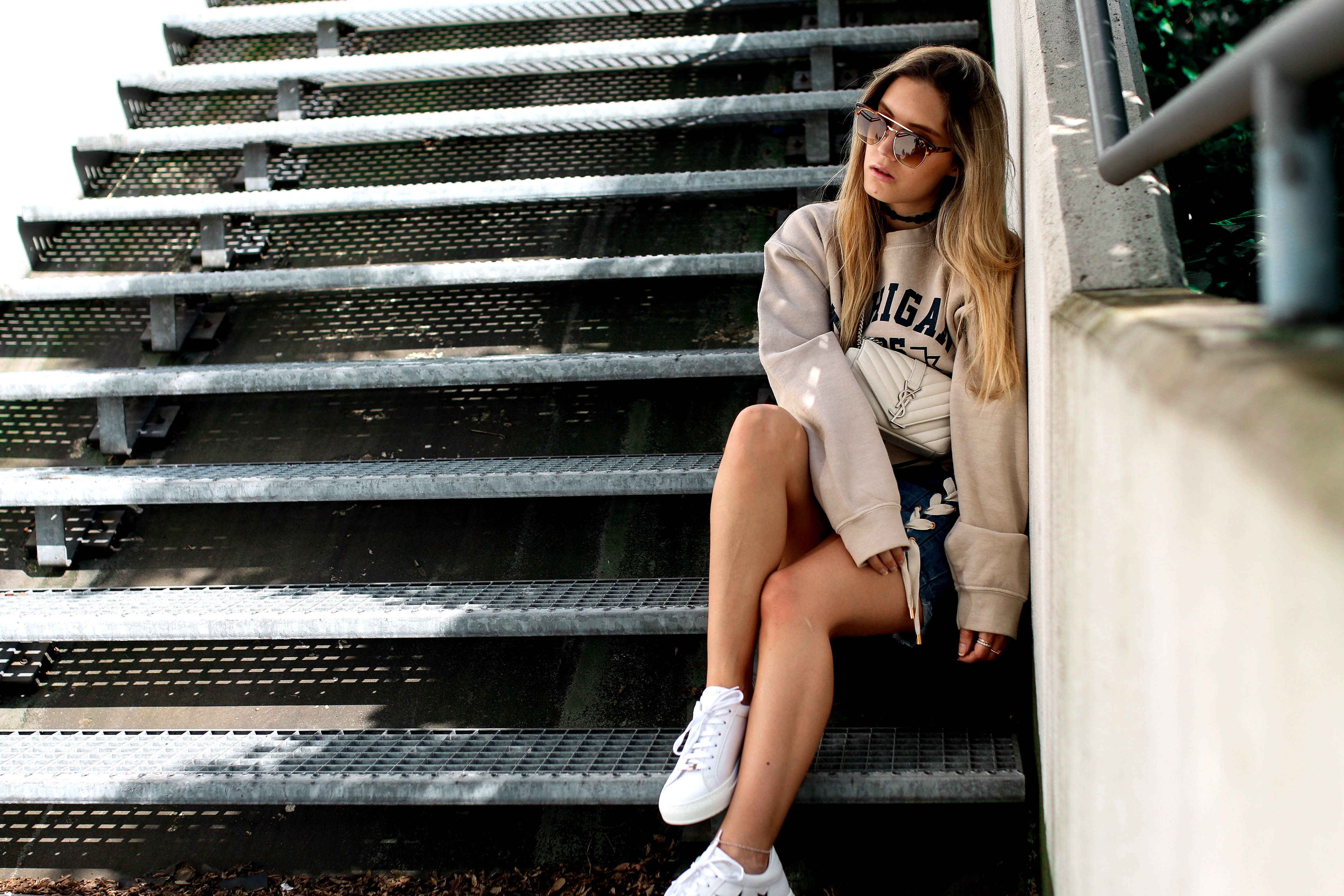college sweater style inspo fashion blog streetstyle ysl bag saint laurent bag nubikk sneakers