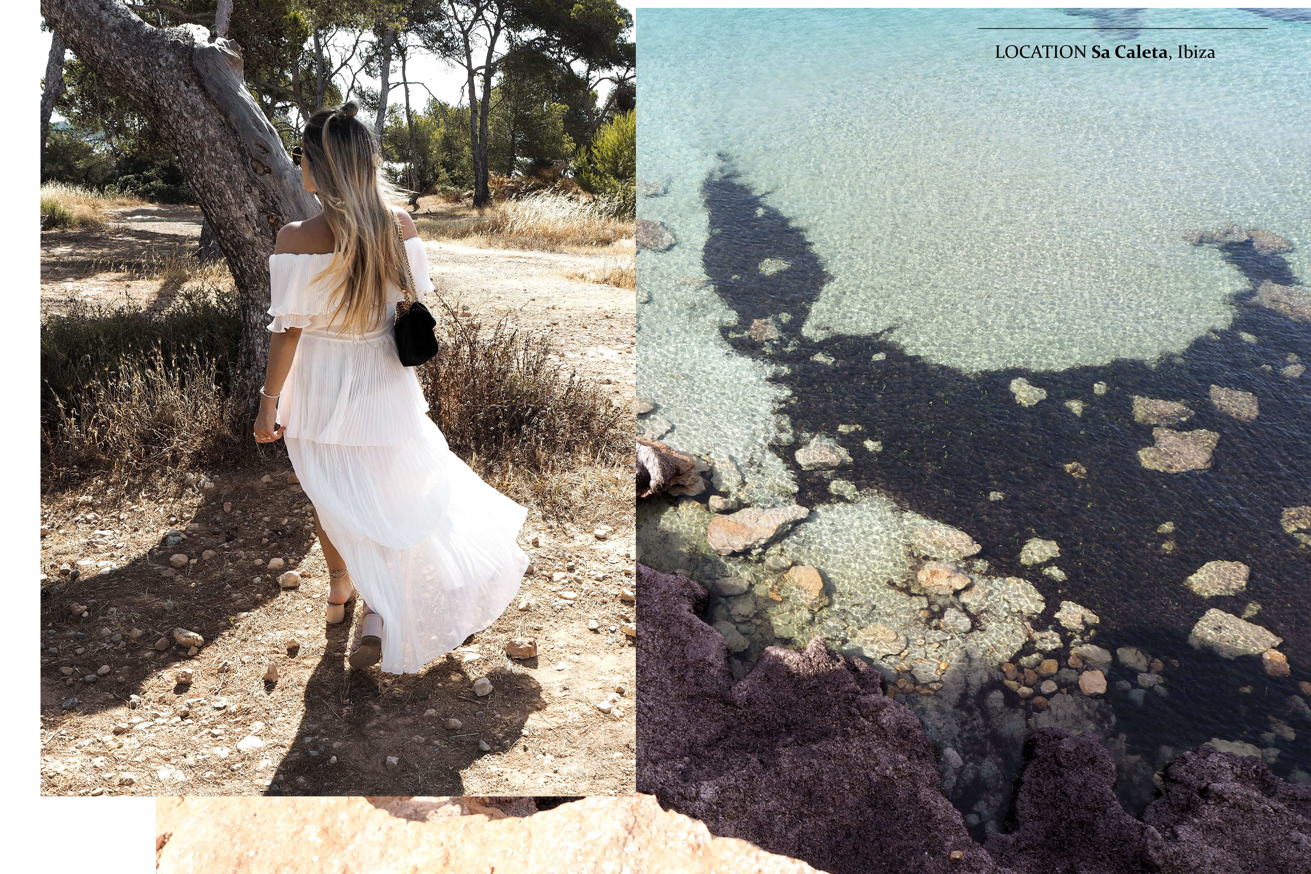 White Summer Dress Gucci Marmont Bag Travelblog Fashionblog Sa caleta Ibiza schönste buchten
