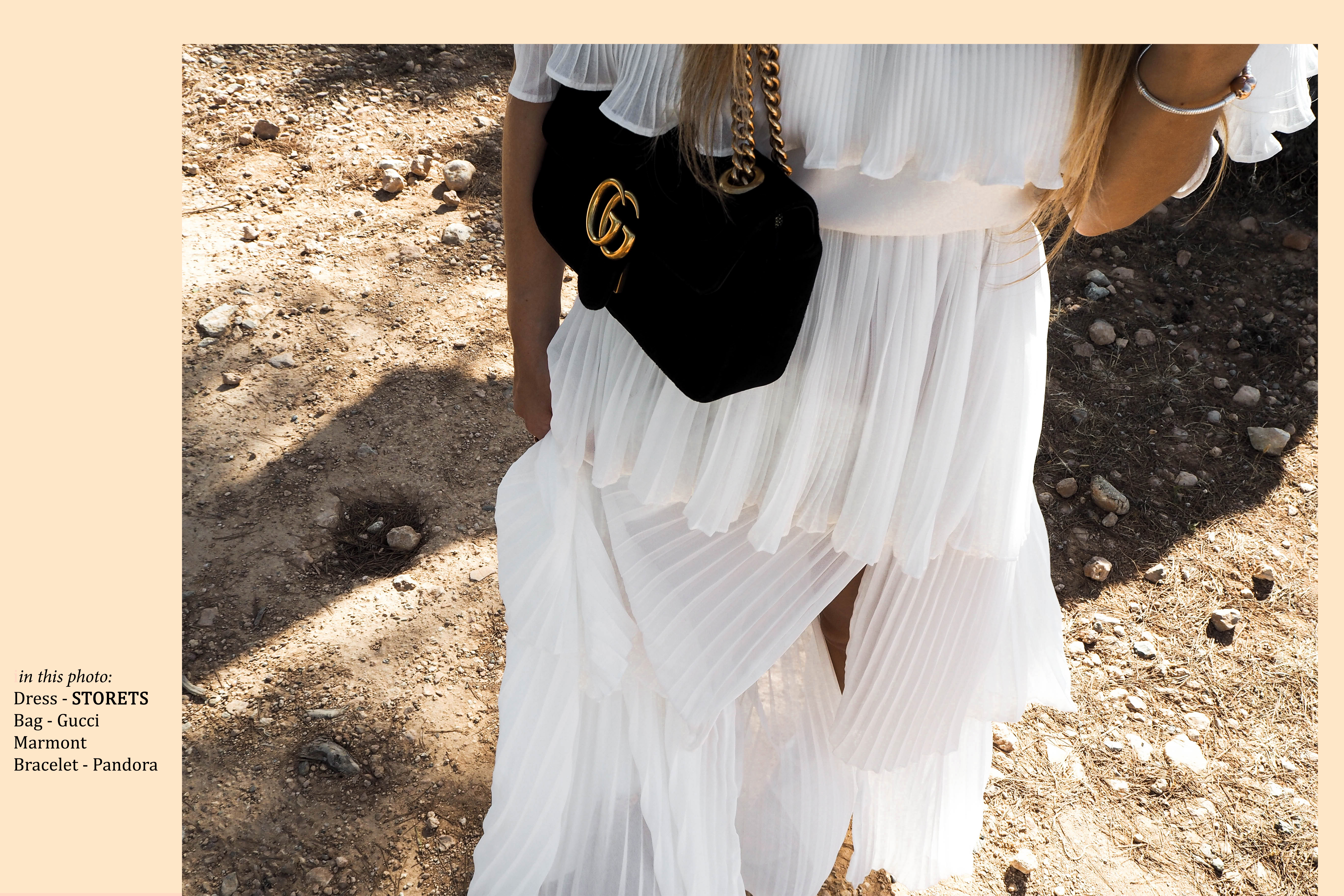 White Summer Dress Gucci Marmont Bag Velvet black fashionblog photoshoot pandora bracelet